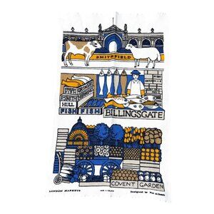 Vintage Irish Linen Tea Towel By Pat Albeck London Markets Fish Garden Meat EUC
